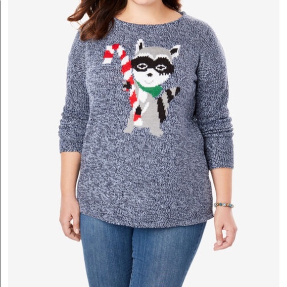 Woman Within Sweaters - Woman Within HOLIDAY RACCOON PULLOVER SWEATER